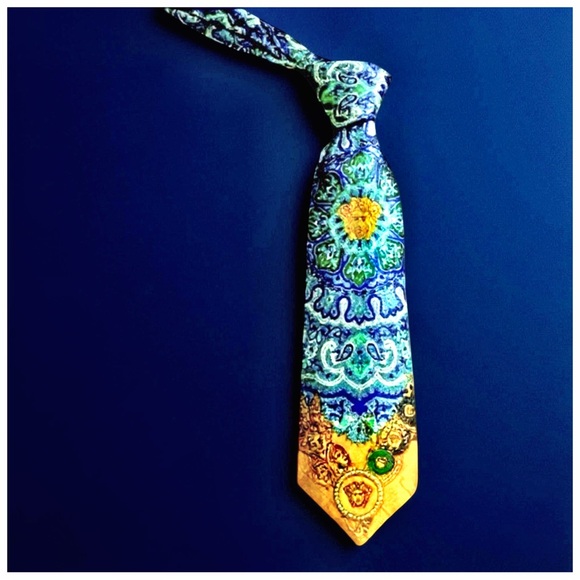 Versace Medusa Silk Tie – Blue, Green & Gold Baroque Print – Italy - Picture 8 of 12